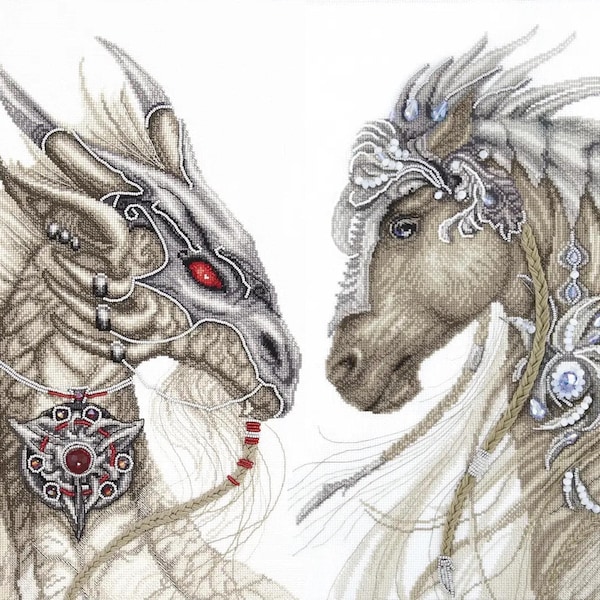 Kit per punto croce fai da te con animali fantastici: drago, cavallo e lupo.
