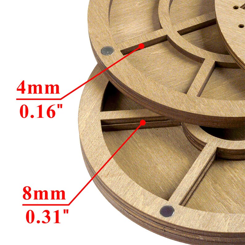 May include: A wooden round box with multiple compartments. The box is made of light brown wood and has a diameter of 8 mm (0.31 inches). The box is divided into several sections, each with a different size. The box is designed to hold small items, such as jewelry, coins, or other small trinkets.