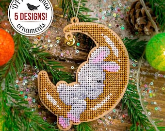 DIY Bunny Christmas Ornaments, Bead Embroidery Kit, Xmas Tree Decoration, Winter Home Decor, Beadwork Set, DIY Gift, Moon Christmas Ornament