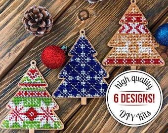 Bead embroidery DIY Xmas tree beadwork pattern, gift, beaded Christmas decoration design, needlework blank canvas, wooden ornament craft kit