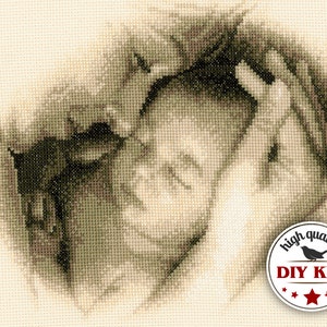Mom and baby embroidery, counted cross stitch kit, mother and newborn child picture, baby shower gift