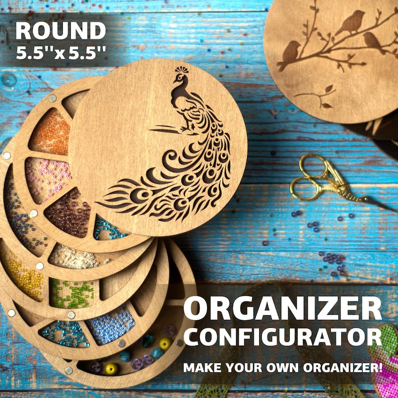May include: A round wooden organizer with a peacock design. The organizer is 5.5 inches in diameter and has multiple compartments for storing small items. The organizer is made of wood and has a natural finish. The organizer is perfect for storing beads, jewelry, or other small items.