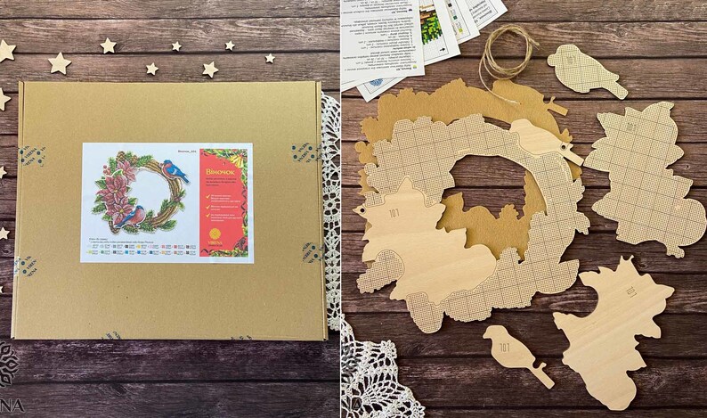 May include: A wooden craft kit for creating a wreath with birds. The kit includes a pre-cut wreath form, bird shapes, and a pattern sheet. The wreath is decorated with flowers and leaves.