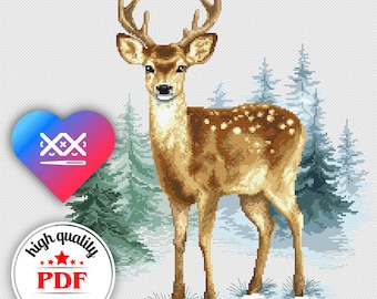 PDF Winter Deer Cross Stitch Pattern, Christmas Embroidery Chart, Winter Forest Landscape, Christmas Home Decor, Animal Wall Art, Mom Gift