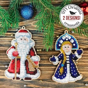 DIY Christmas Ornaments, Santa Claus and Snow Maiden Xmas Tree Decoration, Bead Embroidery Kit, Winter Home Decor, Handmade Gift