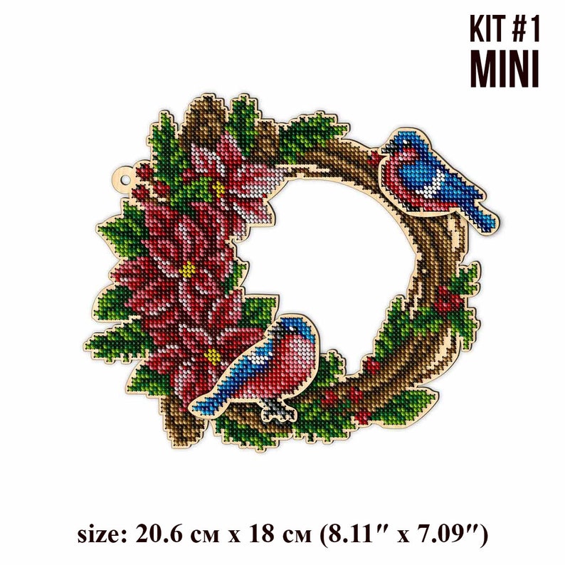 May include: A wooden Christmas wreath with red poinsettia flowers, green leaves, and two blue birds. The wreath is 8.11 inches by 7.09 inches.