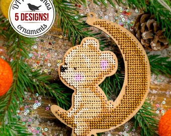 DIY Bear Christmas Ornaments, Bead Embroidery Kit, Xmas Tree Decoration, Winter Home Decor, Beadwork Set, DIY Gift, Moon Christmas Ornaments