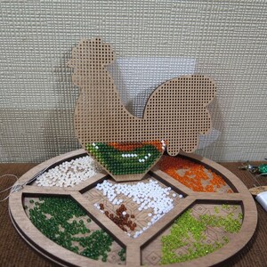 DIY eco-friendly embroidery on wood, laser cut blank rooster, kids craft pattern kit, bead stitch bird decor image 4