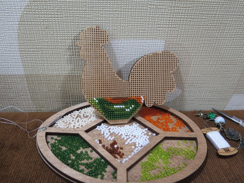 DIY eco-friendly embroidery on wood, laser cut blank rooster, kids craft pattern kit, bead stitch bird decor image 4