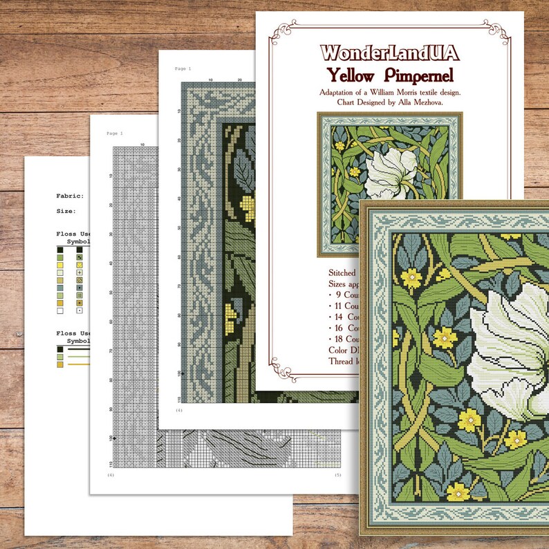 May include: A cross-stitch pattern chart for a floral design called "Yellow Pimpernel". The chart is designed by Alla Mezhova and is an adaptation of a William Morris textile design. The pattern features a white flower with yellow accents and green leaves on a dark background.