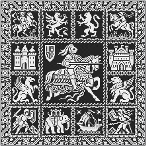 May include: A black and white cross-stitch design with a medieval theme. It depicts a knight on horseback at the centre, surrounded by heraldic symbols, castles, mythical beasts, and a ship. The border has a repeating geometric pattern.