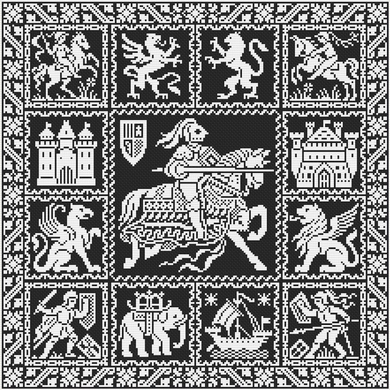 May include: A black and white cross-stitch design with a medieval theme. It depicts a knight on horseback at the centre, surrounded by heraldic symbols, castles, mythical beasts, and a ship. The border has a repeating geometric pattern.
