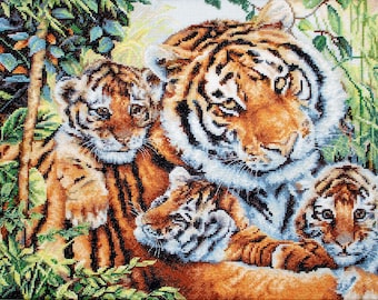 Wild Beauty: Cross Stitch Kit with Tiger and Cubs. Premium Quality Embroidery Set