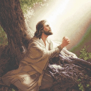 May include: A painting depicting a man in a white robe kneeling and praying with his hands clasped together. He is looking up at a bright light shining through the trees. The scene is set in a forest with a large tree trunk behind him.
