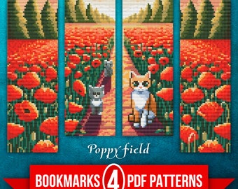 PDF Bookmarks Cross Stitch Pattern, Cat in Poppies Embroidery Design, Poppy Field Embroidery Chart, Cute Cat Cross Stitch Pattern, Mom Gift