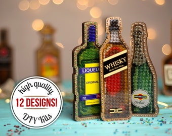 Wooden beaded magnets hand embroidery kit, DIY alcohol bottle magnet, Bead embroidery on wood, Fridge magnet making kit