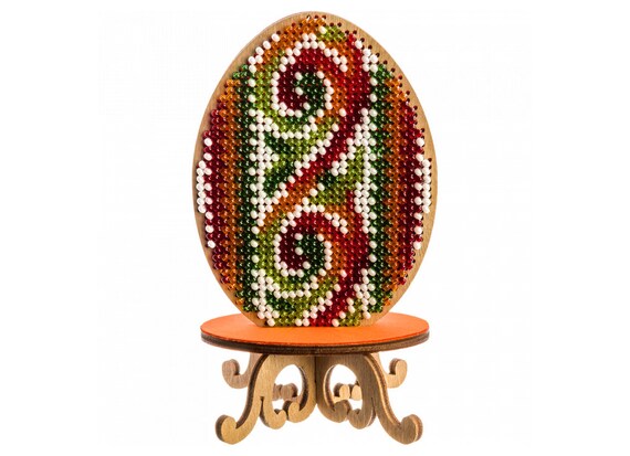 Beaded egg DIY kit festive table decor embroidered Easter ornament with cute chicken wooden blank cutout for beadwork