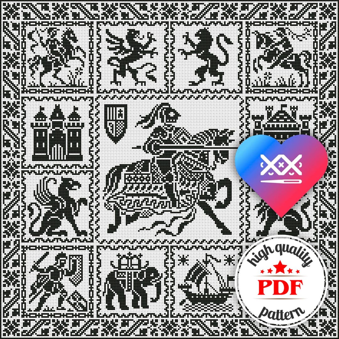 PDF Medieval Embroidery Design, Knight Cross Stitch Pattern, Vintage ...