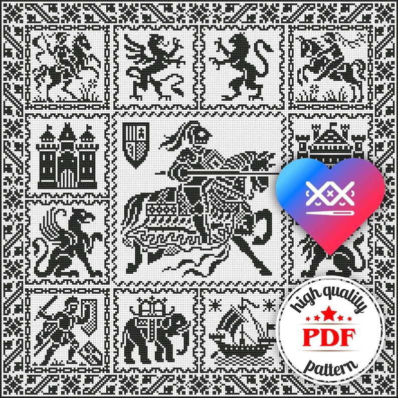 May include: A black and white cross-stitch pattern with medieval heraldic motifs, such as knights, castles, and mythical beasts. The design is framed with a decorative border and includes a heart-shaped logo and a "high quality PDF pattern" badge.