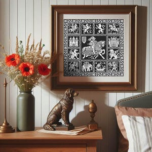 May include: A framed black and white artwork with heraldic designs and medieval imagery. The artwork is displayed above a wooden bedside table with a bronze dog statue, a vase of flowers, and a decorative lamp.