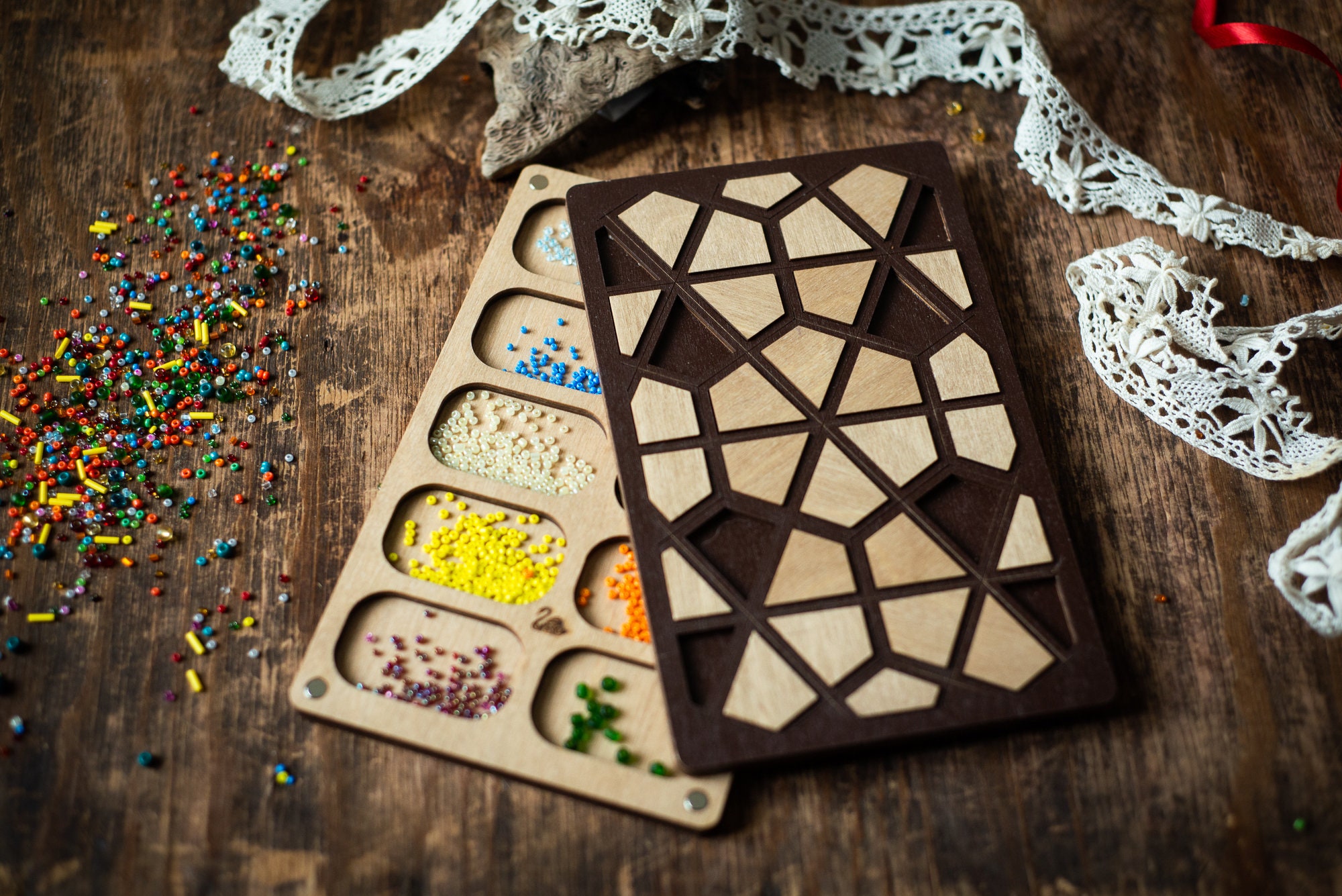 Seed bead organizer with lid Wood bead board Bead sorting Etsy