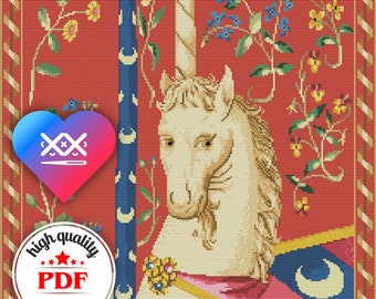 PDF Medieval Unicorn Embroidery Design, Medieval Cross Stitch Pattern, Unicorn Cross Stitch Chart, Medieval Decor, Vintage Embroidery