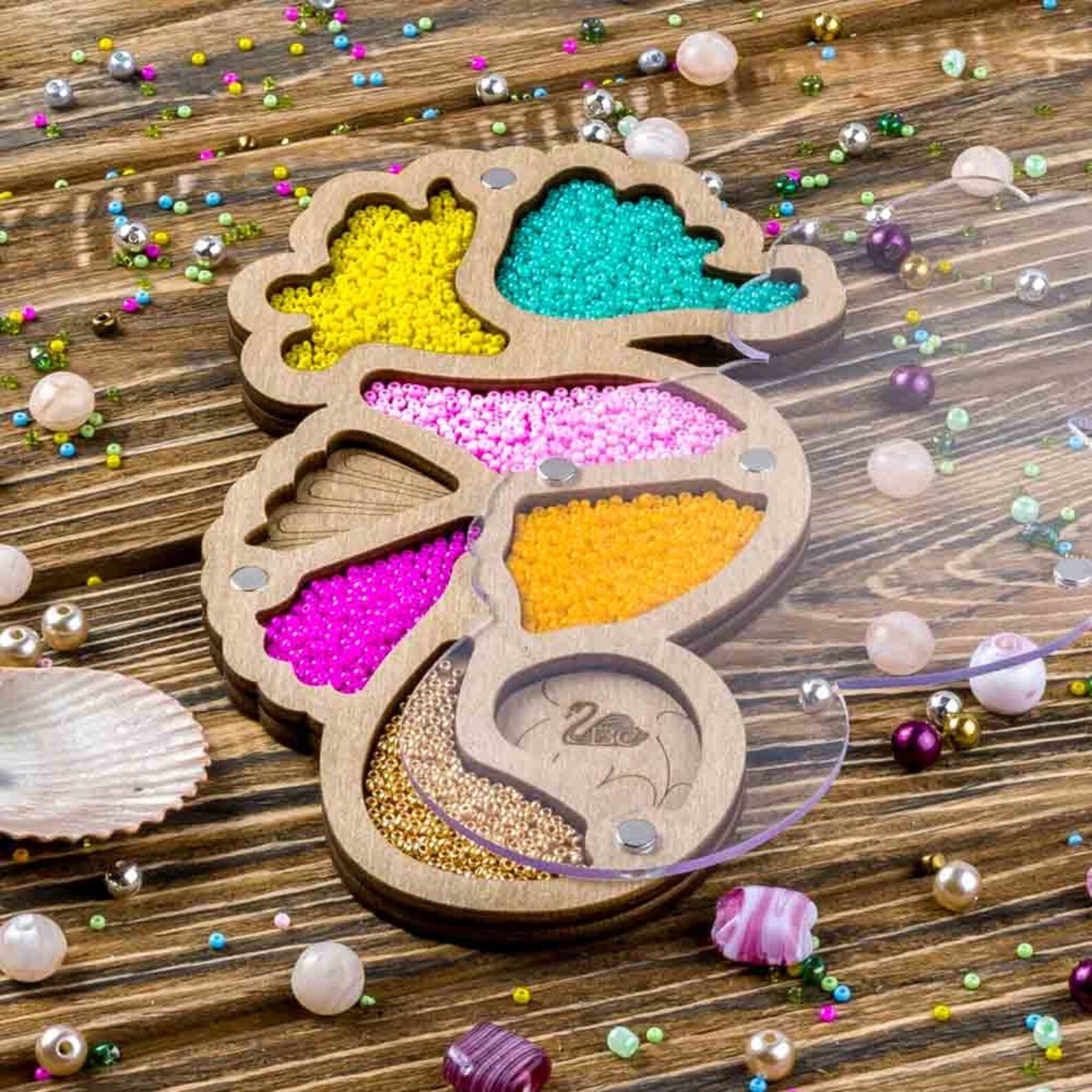 Seahorse seed bead sorting tray with lid wooden beadwork Etsy