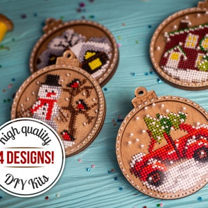 Christmas beadwork ornaments, bead embroidery DIY kit, handmade winter home decor, Xmas tree decorations, needlework set for adults