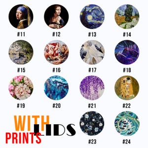 May include: A collection of 24 round coasters with various artistic designs, including floral, abstract, and famous paintings. The coasters are numbered 11 through 24. The text "WITH PRINTS" is displayed in bold, colorful letters.