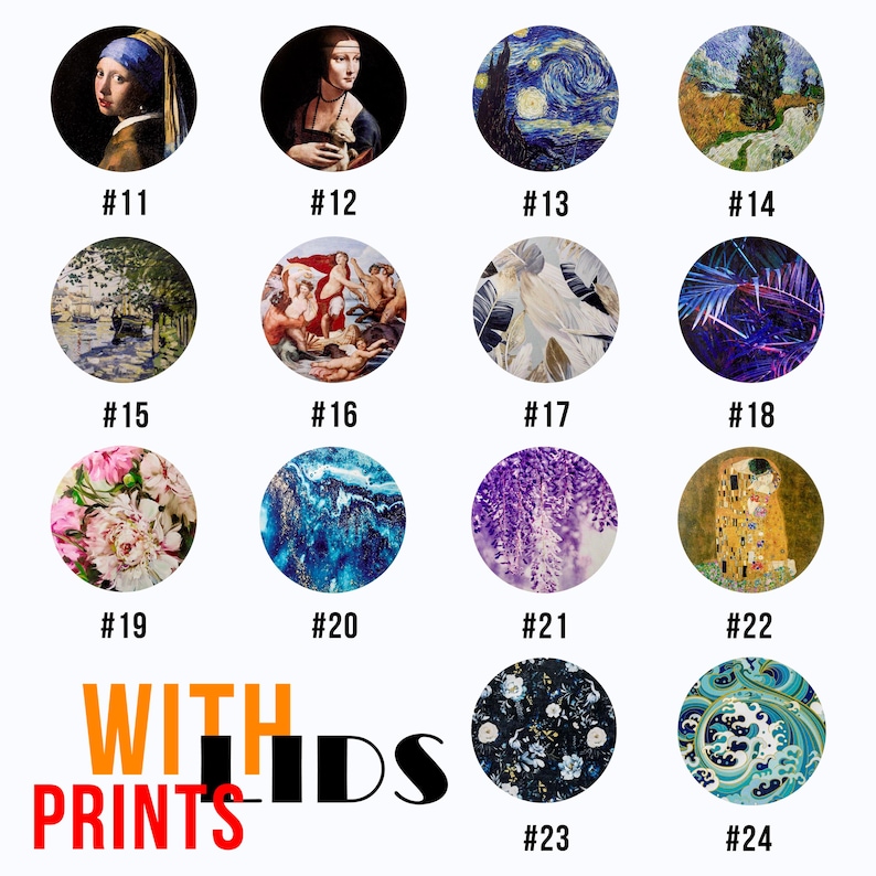 May include: A collection of 24 round coasters with various artistic designs, including floral, abstract, and famous paintings. The coasters are numbered 11 through 24. The text "WITH PRINTS" is displayed in bold, colorful letters.