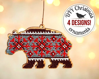 Bear Christmas ornament craft kit, needlework set for DIY Christmas gift, Xmas tree beadwork pattern, scandinavian christmas ornaments