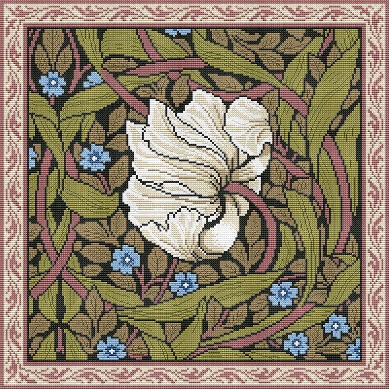 May include: A vintage-style floral design with a white flower and green leaves on a black background. The design is surrounded by a pink and white border.