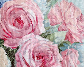 Pale Pink Roses Cross Stitch Kit. Premium Quality Embroidery Set