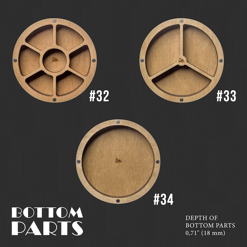 May include: Three wooden round tray bases with different compartment configurations. The bases are 0.71 inches deep. The bases are labeled #32, #33, and #34.