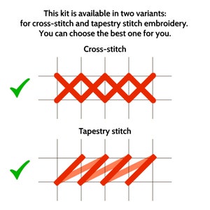 May include: Diagram showing two types of embroidery stitches: cross-stitch and tapestry stitch. A green tick is next to each stitch type.