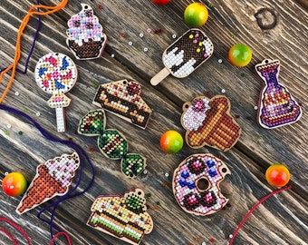 DIY bead kit, sweets and candies beadwork, dessert wood canvas, plywood shapes and forms, laser cut blank decor, cross stitch craft supply