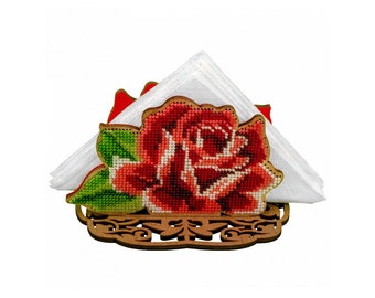 DIY bead stitch red rose napkin holder, embroidery on wood kit, wedding table arrangement