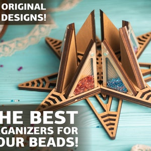 Mini seed bead organizers with stand, Bead sorting trays with lid, Wooden organizer for seed bead storage, Display case
