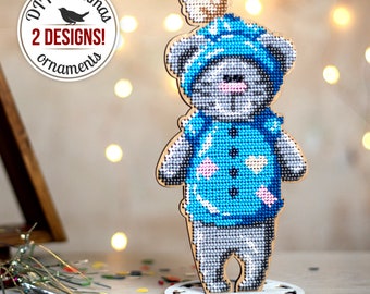 DIY Winter Cat Christmas Figurine, Bead Embroidery Kit, Christmas Ornaments Beadwork Set, Winter Home Decor, Xmas Tree Decorations, Mom Gift