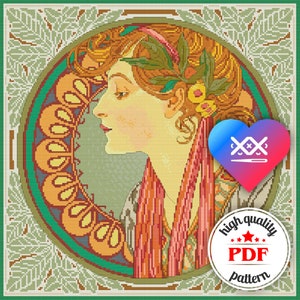 May include: Cross stitch pattern featuring a woman with red hair and a floral crown. The pattern is in a circular frame with a green, blue, and yellow design. The pattern is labeled "high quality PDF pattern".