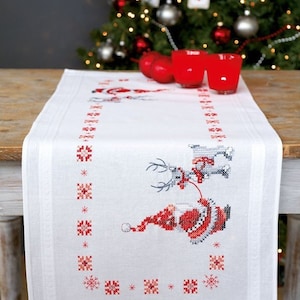 DIY cross stitch decor kit, rustic Christmas table runner with Santa and a deer