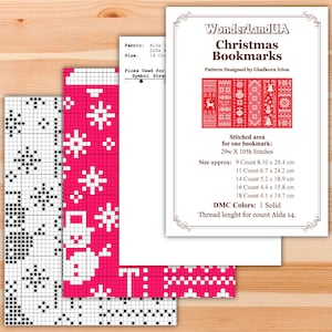 May include: A cross-stitch pattern for a Christmas bookmark with a red and white design featuring snowflakes, reindeer, bells, and a Christmas tree. The pattern is designed by Gladkova Irina and includes instructions for stitching on Aida fabric. The pattern is for one bookmark and measures 29 stitches wide by 105 stitches high. The pattern is available in 9, 11, 14, 16, and 18 count Aida fabric.