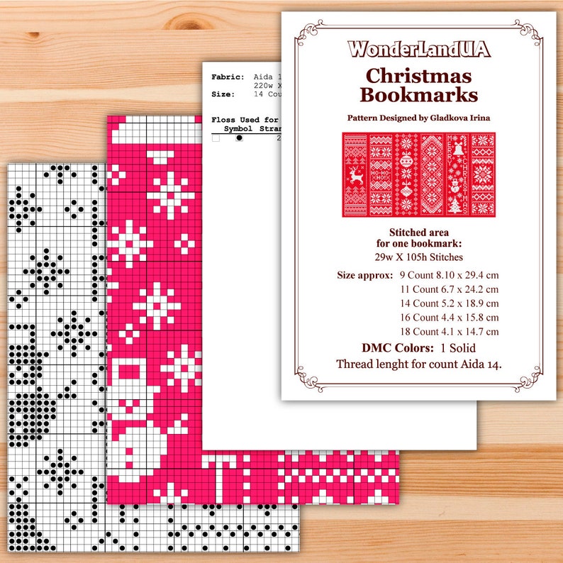 May include: A cross-stitch pattern for a Christmas bookmark with a red and white design featuring snowflakes, reindeer, bells, and a Christmas tree. The pattern is designed by Gladkova Irina and includes instructions for stitching on Aida fabric. The pattern is for one bookmark and measures 29 stitches wide by 105 stitches high. The pattern is available in 9, 11, 14, 16, and 18 count Aida fabric.