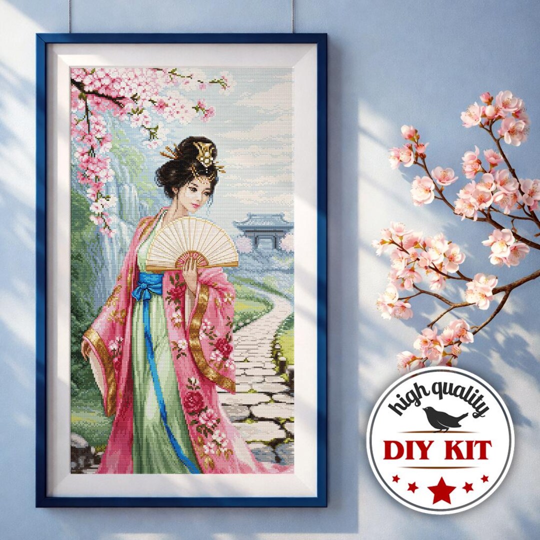 DIY Japanese Woman Embroidery Kit — Cherry Blossoms Cross Stitch Design ...