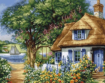 DIY Riverside Cottage Cross-Stitch Kit. Premium Quality Embroidery Set. Home Wall Decor