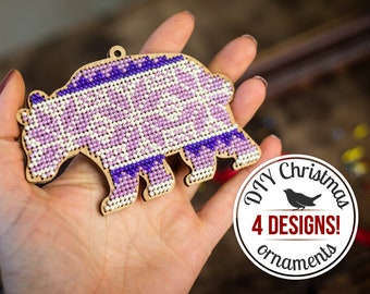 Christmas Ornament DIY Kit, Bear in Scandinavian design, Bead Embroidery Kit, Bear Beadwork Art, Winter Home Decor