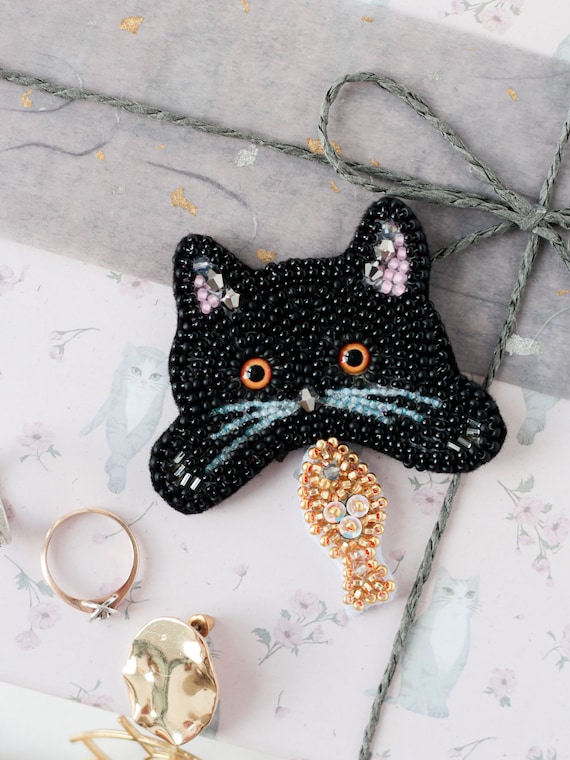 黒猫のビーズブローチ DIY キット、ビーズ刺繍キット、ビーズ