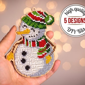 DIY kit for embroidered Christmas ornaments, Bead embroidery kit for making snowman ornament, Beaded ornaments