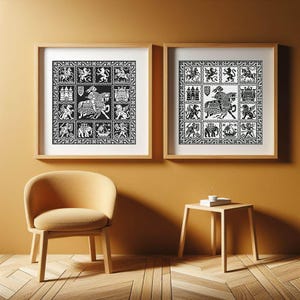 May include: Two framed black and white prints with a medieval theme. Each print features a knight on horseback surrounded by heraldic symbols, animals, and architectural elements. The frames are light-coloured wood.