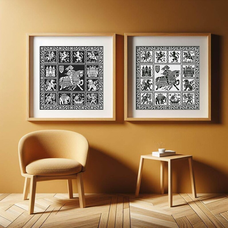 May include: Two framed black and white prints with a medieval theme. Each print features a knight on horseback surrounded by heraldic symbols, animals, and architectural elements. The frames are light-coloured wood.